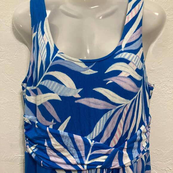 Soma Soft Bra Dress Sleeveless Blue Palm Pockets Wrap Waist Resort Knee Length L - Picture 3 of 11
